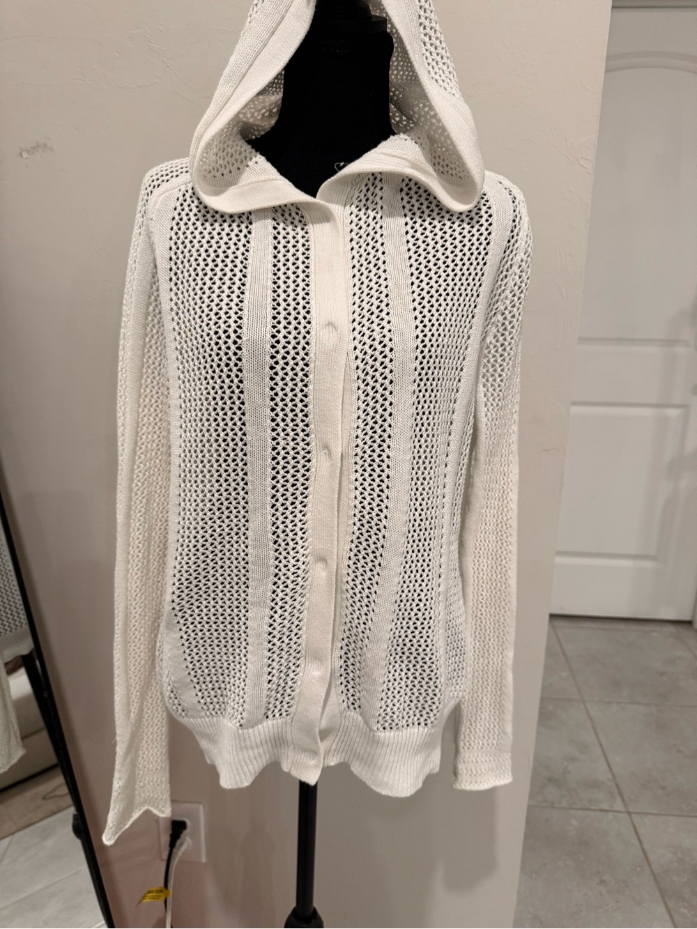 Michael Kors White Hooded Open-Knit Button Cardigan